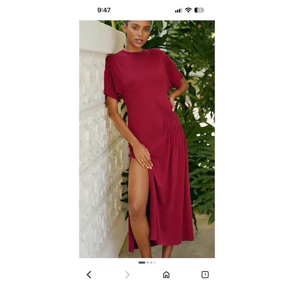 Anthropologie Celandine Fall Cotton Crewneck Dress burgundy Cotton Smocking Smal